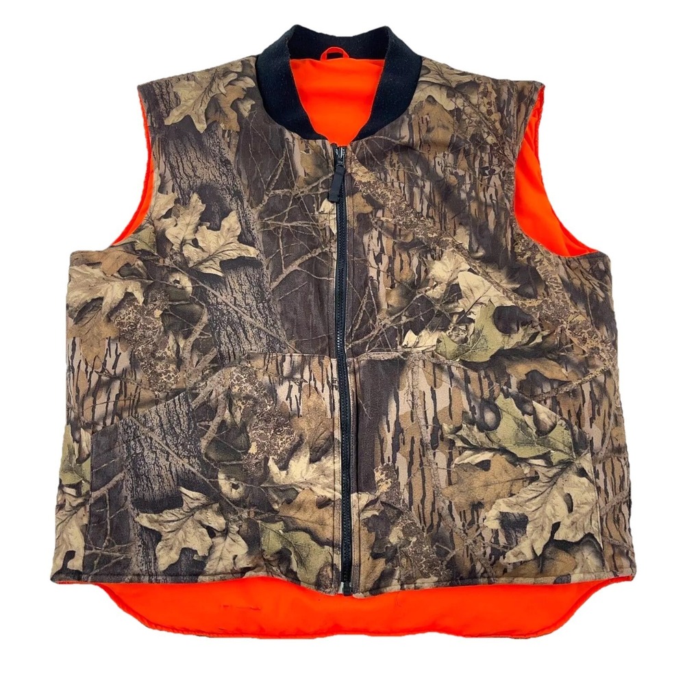 Vintage Cabelas Puffer Vest Men Large Brown Orange Camo Jacket Reversible Hunt *